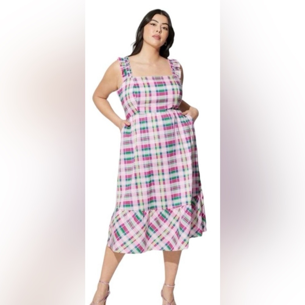 Torrid Pink & Green Plaid Midi Poplin Dress 1X (14/16) NWT